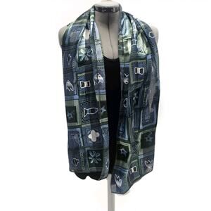 Vintage Scarf Blues & Greens Aqua Patchwork Design 13X62" Retro Grannycore